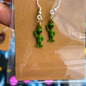 Green alien dangling earrings handmade